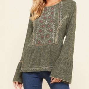 Annabelle USA Olive Embroidered Bell Sleeve